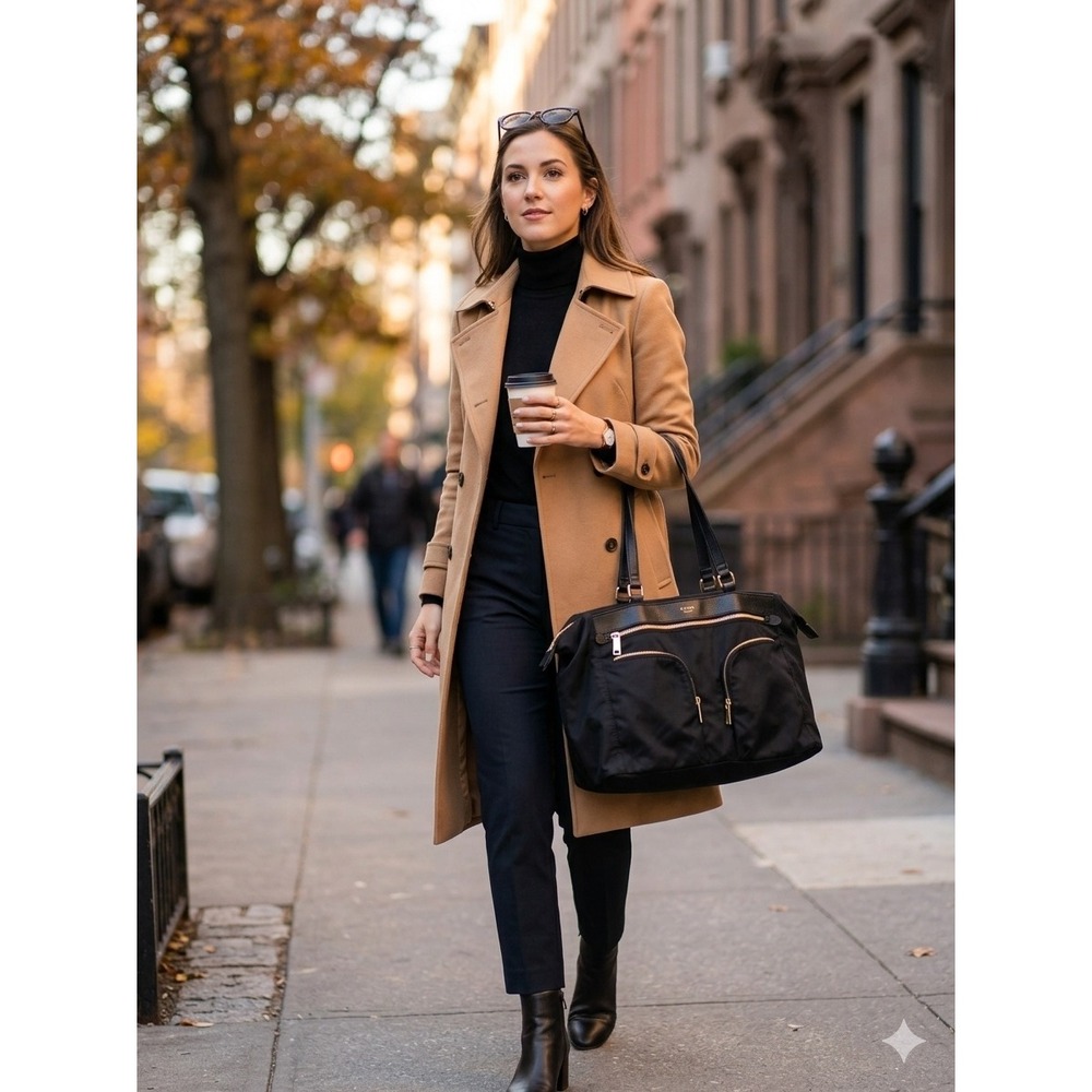 Tutilo New York Black Nylon Tech Tote Bag Laptop Work Travel Shoulder Bag Gold